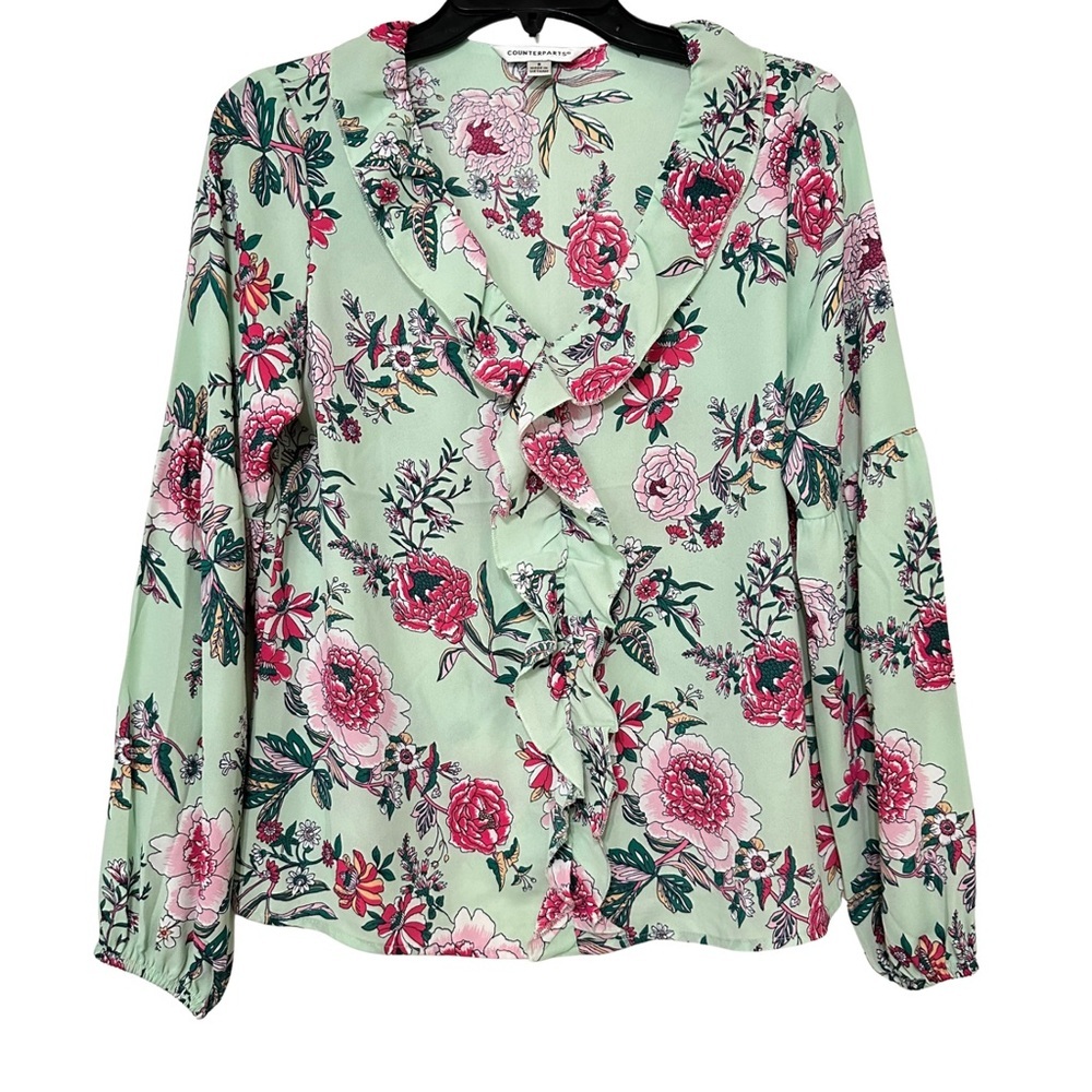 Counterparts Mint Green Floral Ruffle Front Long Sleeve Blouse Top Sz Small
